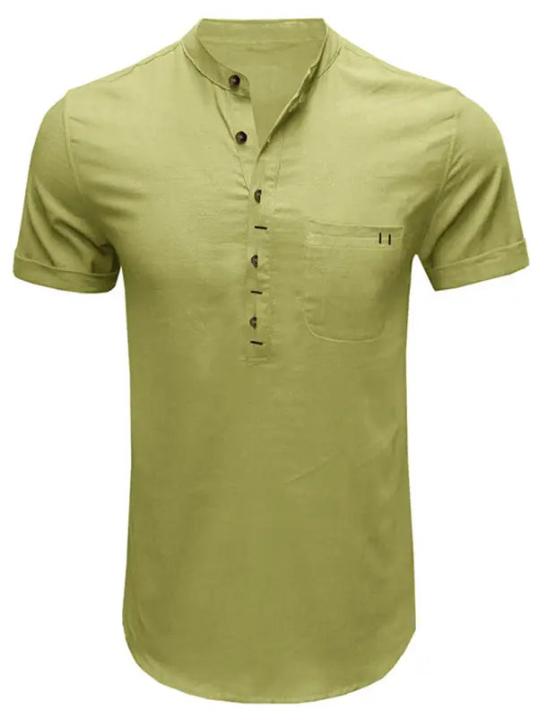 Men's woven solid color short-sleeved cotton and linen shirt - Ladoj