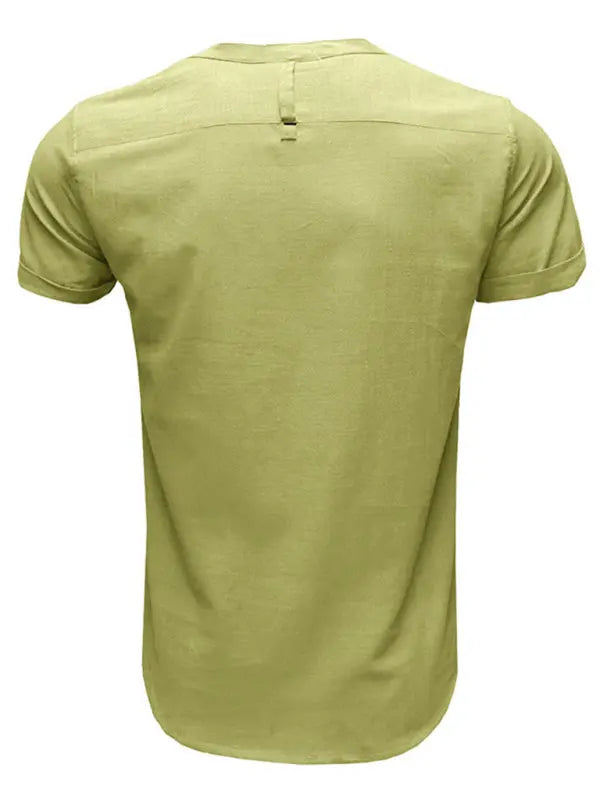 Men's woven solid color short-sleeved cotton and linen shirt - Ladoj