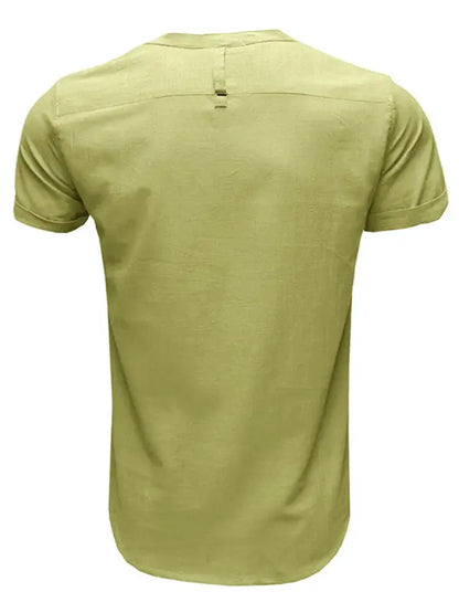 Men's woven solid color short-sleeved cotton and linen shirt - Ladoj