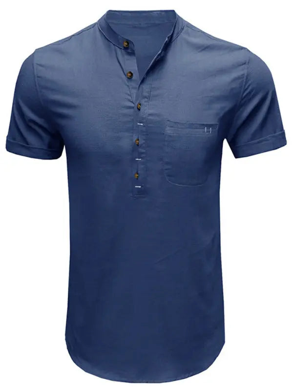 Men's woven solid color short-sleeved cotton and linen shirt - Ladoj