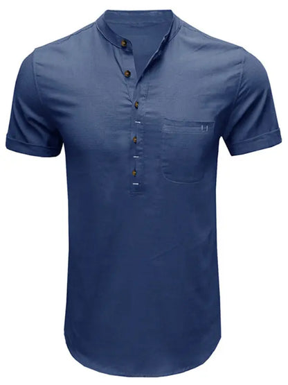 Men's woven solid color short-sleeved cotton and linen shirt - Ladoj