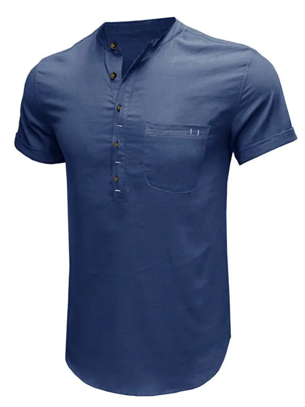 Men's woven solid color short-sleeved cotton and linen shirt - Ladoj