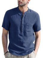 Men's woven solid color short-sleeved cotton and linen shirt - Ladoj