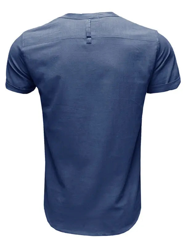 Men's woven solid color short-sleeved cotton and linen shirt - Ladoj