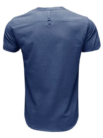 Men's woven solid color short-sleeved cotton and linen shirt - Ladoj