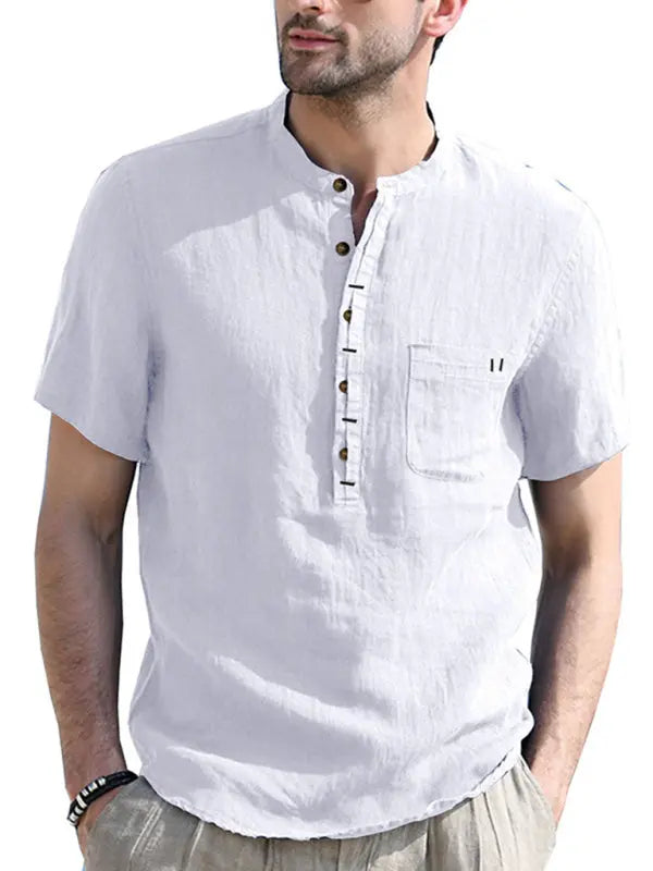 Men's woven solid color short-sleeved cotton and linen shirt - Ladoj
