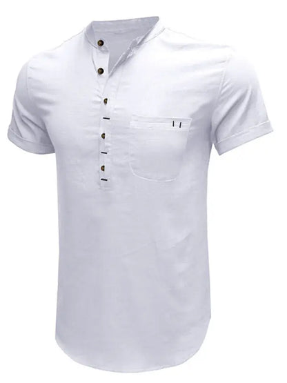 Men's woven solid color short-sleeved cotton and linen shirt - Ladoj