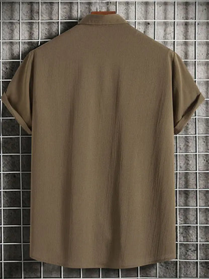 New Men's Short Sleeve Loose Solid Color Button Cotton Linen Shirt - Ladoj