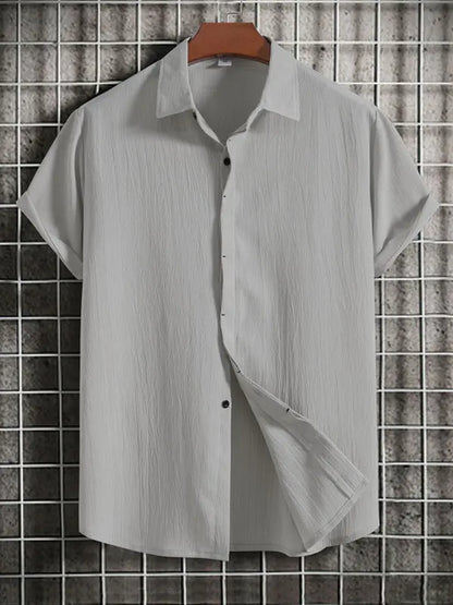 New Men's Short Sleeve Loose Solid Color Button Cotton Linen Shirt - Ladoj