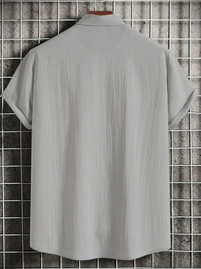 New Men's Short Sleeve Loose Solid Color Button Cotton Linen Shirt - Ladoj