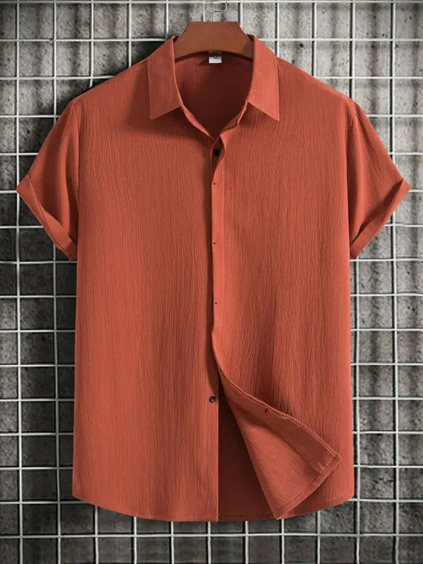New Men's Short Sleeve Loose Solid Color Button Cotton Linen Shirt - Ladoj