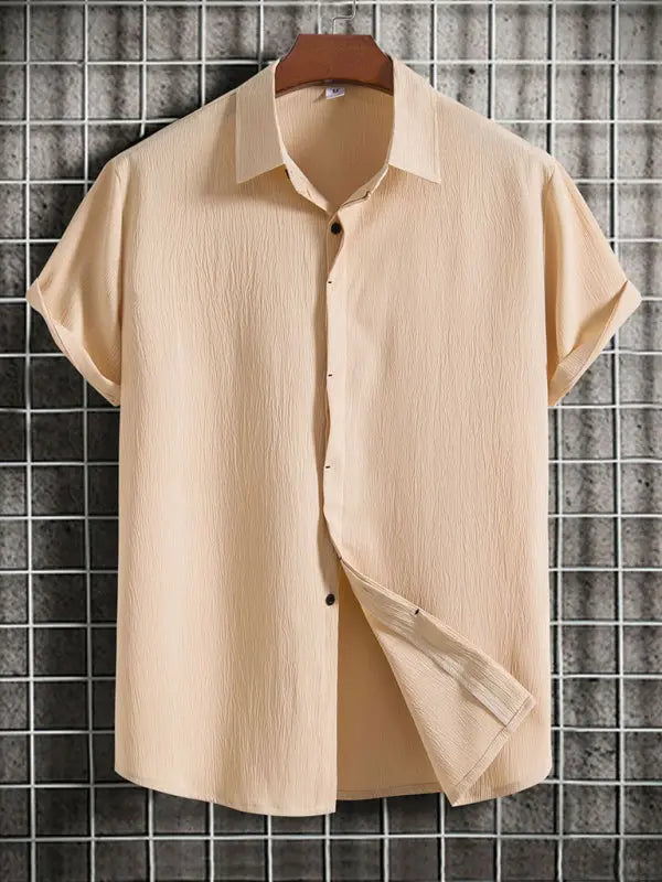 New Men's Short Sleeve Loose Solid Color Button Cotton Linen Shirt - Ladoj
