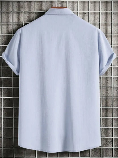 New Men's Short Sleeve Loose Solid Color Button Cotton Linen Shirt - Ladoj