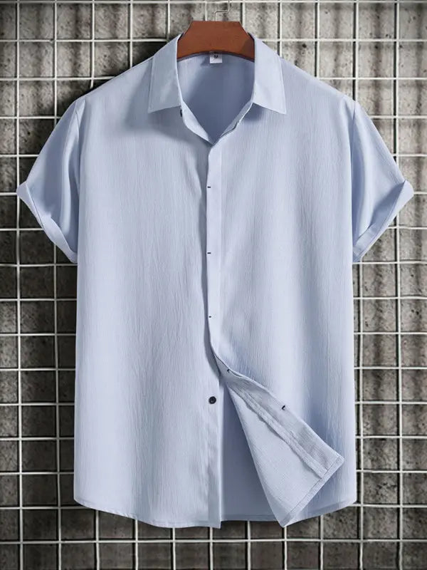 New Men's Short Sleeve Loose Solid Color Button Cotton Linen Shirt - Ladoj