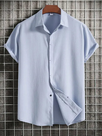 New Men's Short Sleeve Loose Solid Color Button Cotton Linen Shirt - Ladoj