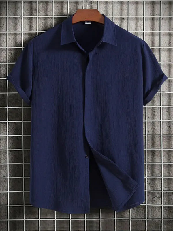 New Men's Short Sleeve Loose Solid Color Button Cotton Linen Shirt - Ladoj