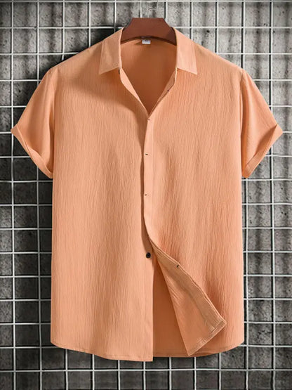 New Men's Short Sleeve Loose Solid Color Button Cotton Linen Shirt - Ladoj