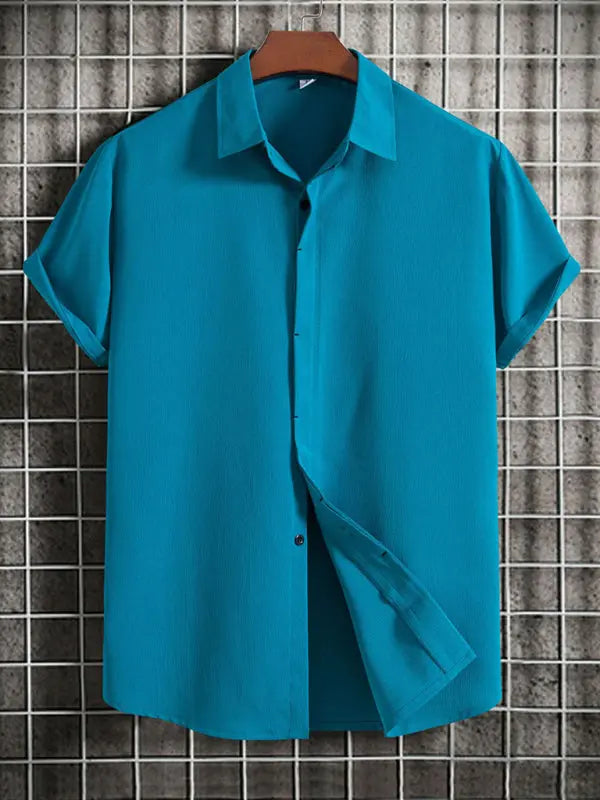 New Men's Short Sleeve Loose Solid Color Button Cotton Linen Shirt - Ladoj