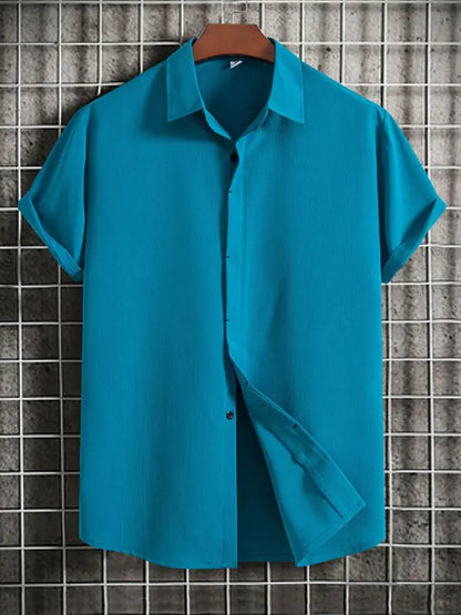 New Men's Short Sleeve Loose Solid Color Button Cotton Linen Shirt - Ladoj