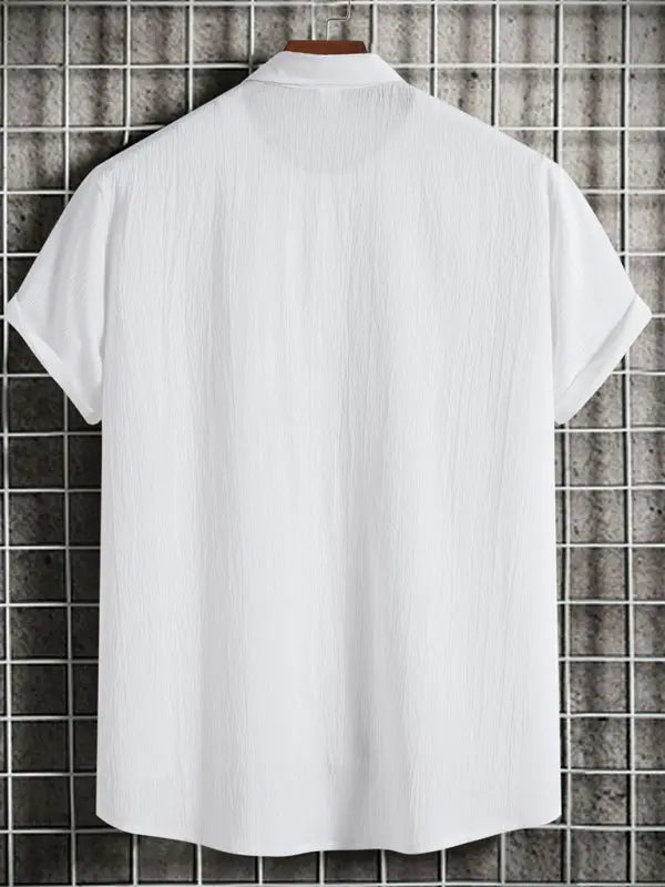 New Men's Short Sleeve Loose Solid Color Button Cotton Linen Shirt - Ladoj