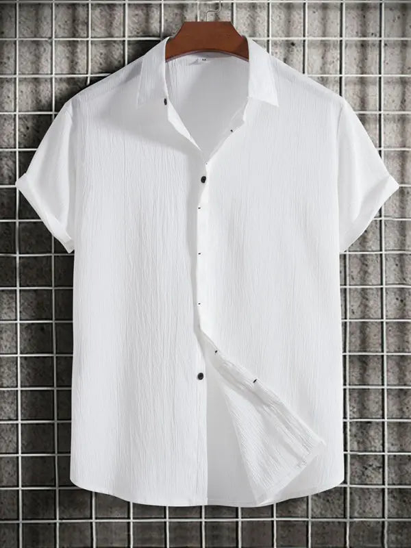 New Men's Short Sleeve Loose Solid Color Button Cotton Linen Shirt - Ladoj Image principale du produit