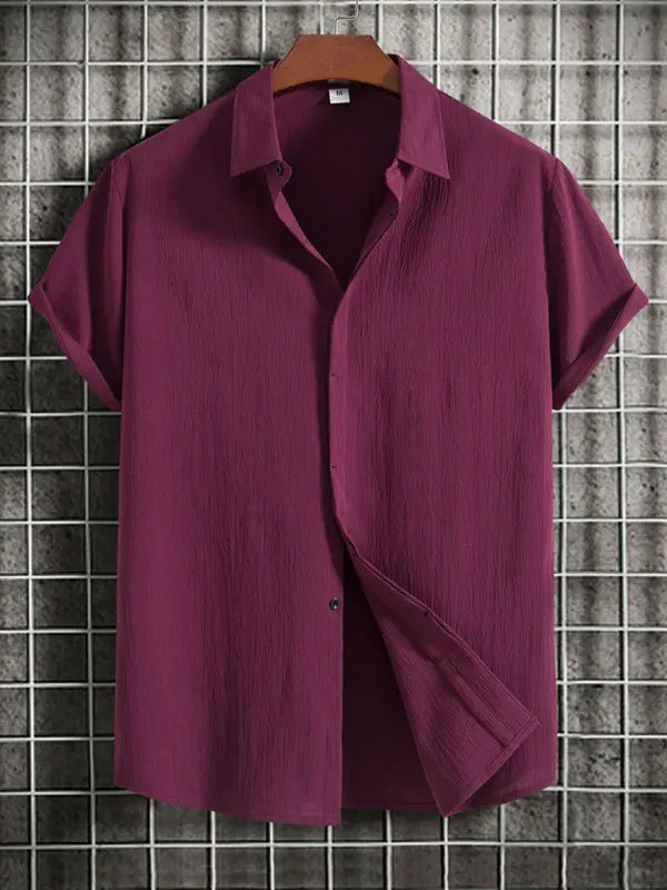 New Men's Short Sleeve Loose Solid Color Button Cotton Linen Shirt - Ladoj