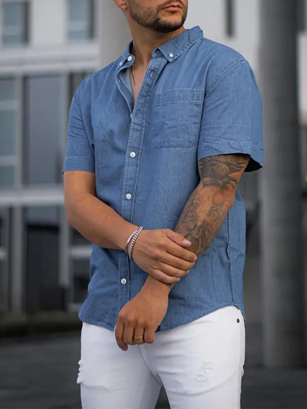 Men's Solid Color Faux Denim Shirt Short Sleeve - Ladoj