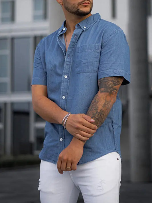 Men's Solid Color Faux Denim Shirt Short Sleeve - Ladoj