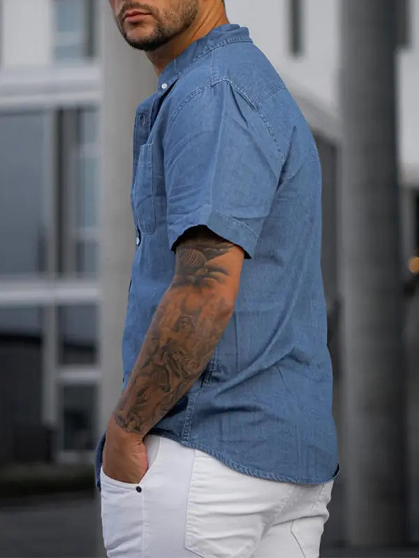 Men's Solid Color Faux Denim Shirt Short Sleeve - Ladoj