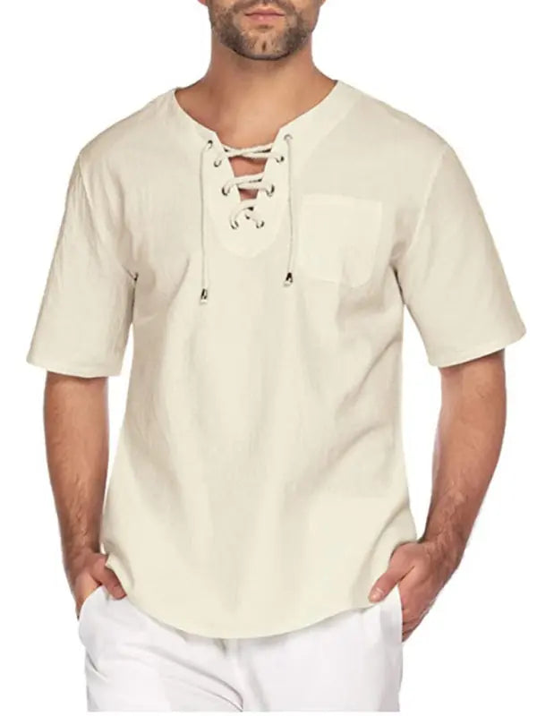 New Men's Short Sleeve T-Shirt Cotton Linen Tie Collar Casual Men's T-Shirt Shirt - Ladoj