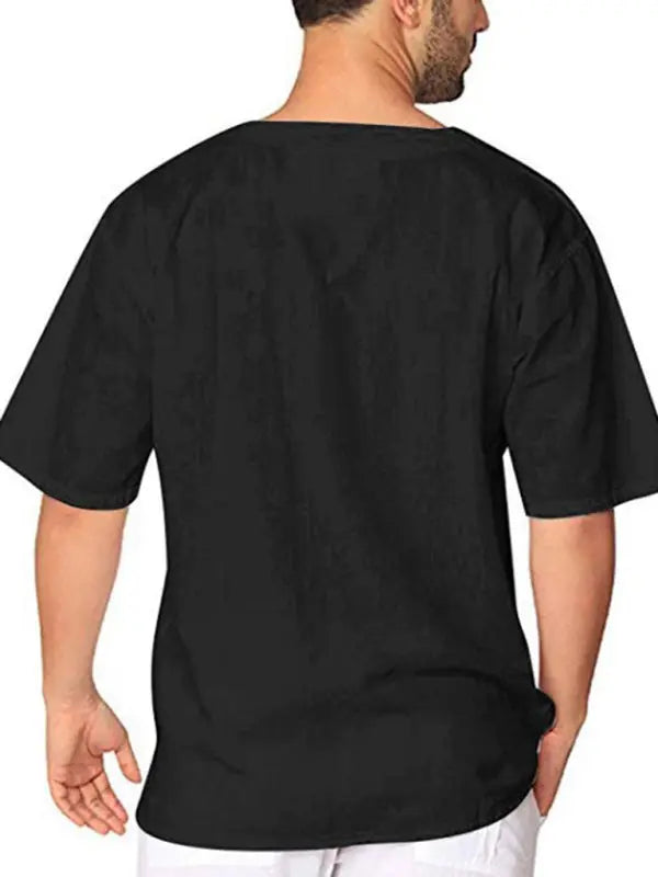 New Men's Short Sleeve T-Shirt Cotton Linen Tie Collar Casual Men's T-Shirt Shirt - Ladoj