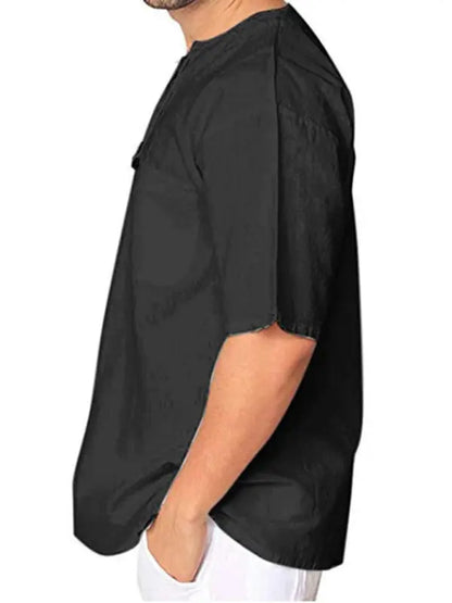 New Men's Short Sleeve T-Shirt Cotton Linen Tie Collar Casual Men's T-Shirt Shirt - Ladoj