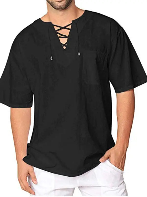New Men's Short Sleeve T-Shirt Cotton Linen Tie Collar Casual Men's T-Shirt Shirt - Ladoj