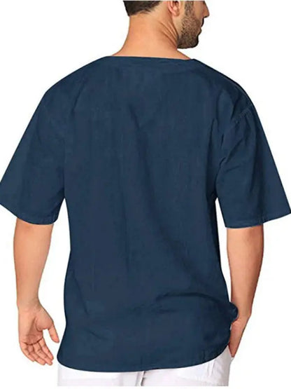 New Men's Short Sleeve T-Shirt Cotton Linen Tie Collar Casual Men's T-Shirt Shirt - Ladoj
