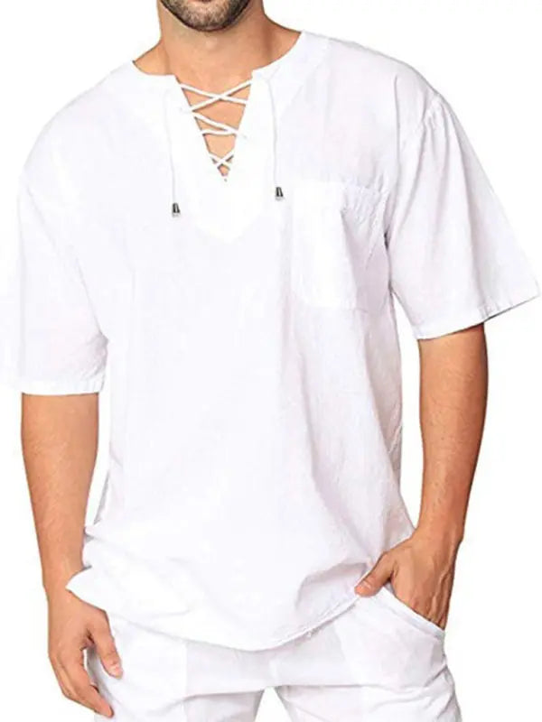 New Men's Short Sleeve T-Shirt Cotton Linen Tie Collar Casual Men's T-Shirt Shirt - Ladoj
