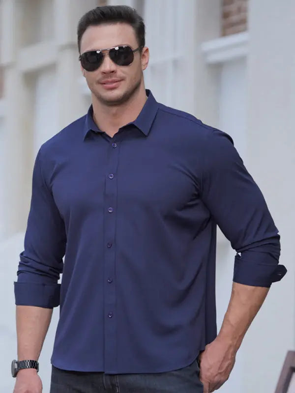 Chemise fine extensible à manches longues pour homme, couleur unie, style business décontracté  Image secondaire du produit