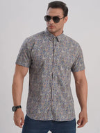 Men's stretch leaf flower short-sleeved shirt - Ladoj