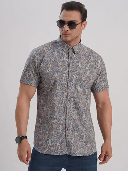 Men's stretch leaf flower short-sleeved shirt - Ladoj