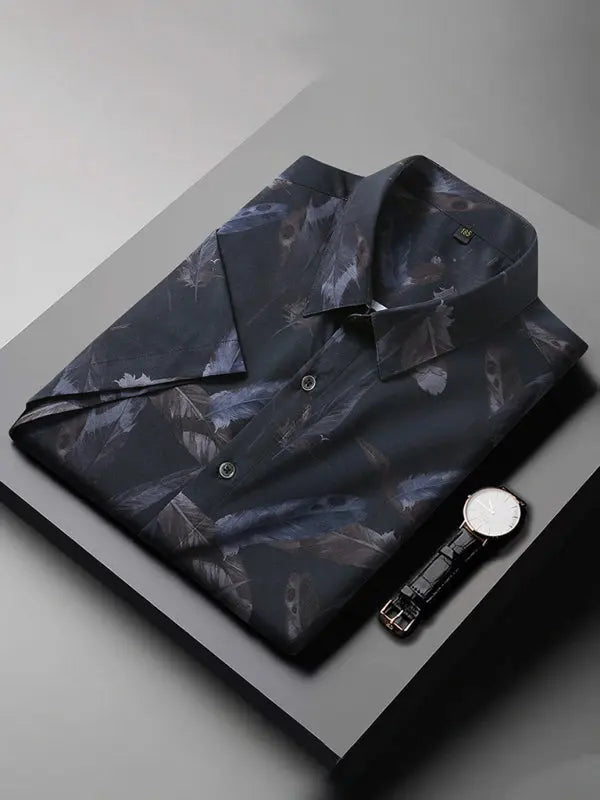 Men's stretch leaf flower short-sleeved shirt - Ladoj