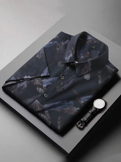 Men's stretch leaf flower short-sleeved shirt - Ladoj