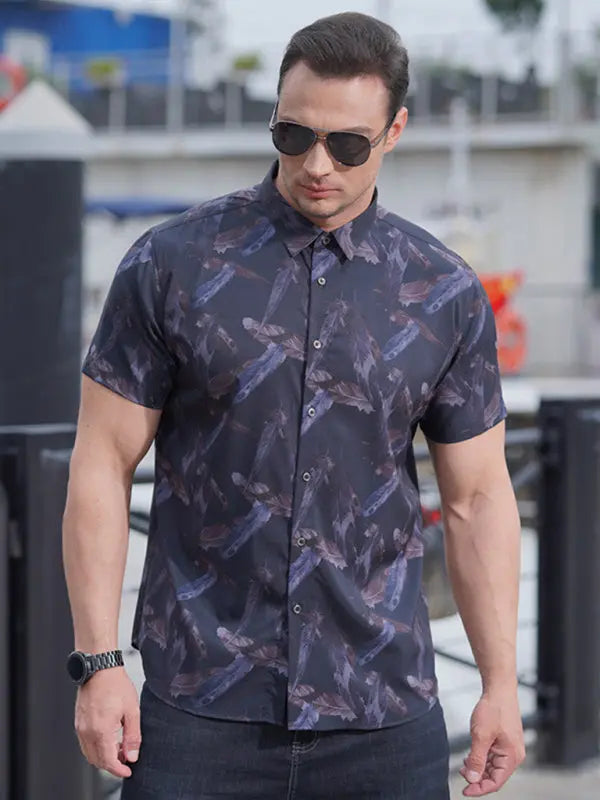 Men's stretch leaf flower short-sleeved shirt - Ladoj