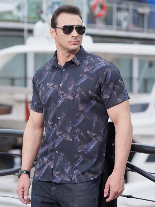 Men's stretch leaf flower short-sleeved shirt - Ladoj