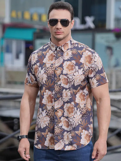 Men's stretch leaf flower short-sleeved shirt - Ladoj