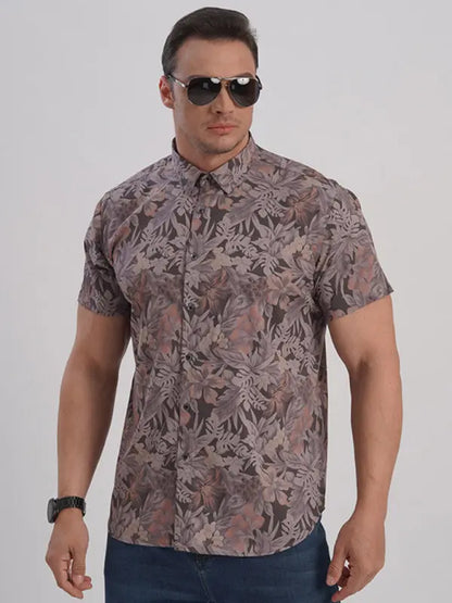 Men's stretch leaf flower short-sleeved shirt - Ladoj