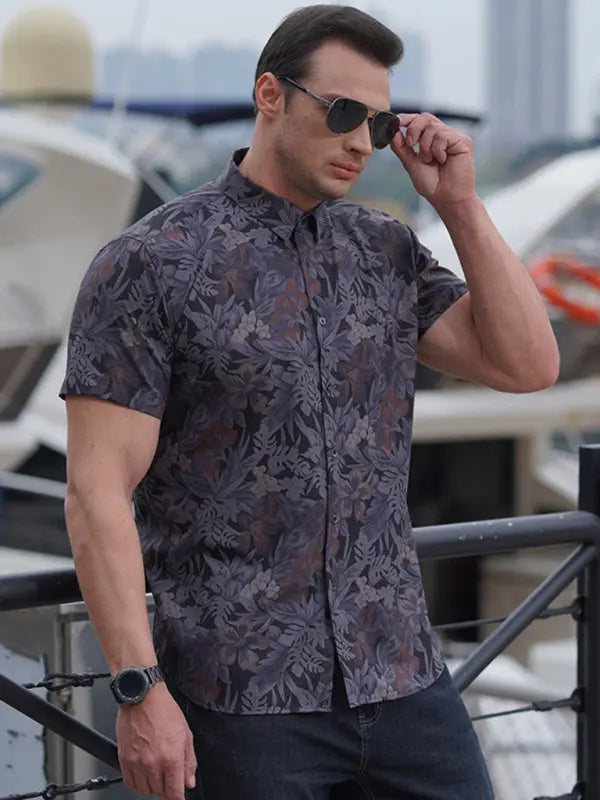Men's stretch leaf flower short-sleeved shirt - Ladoj