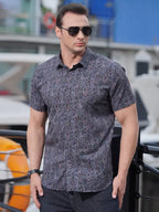 Men's stretch leaf flower short-sleeved shirt - Ladoj