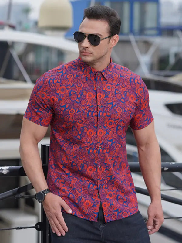 Men's stretch leaf flower short-sleeved shirt - Ladoj