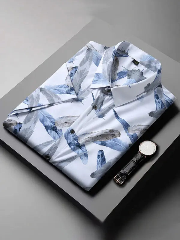 Men's stretch leaf flower short-sleeved shirt - Ladoj