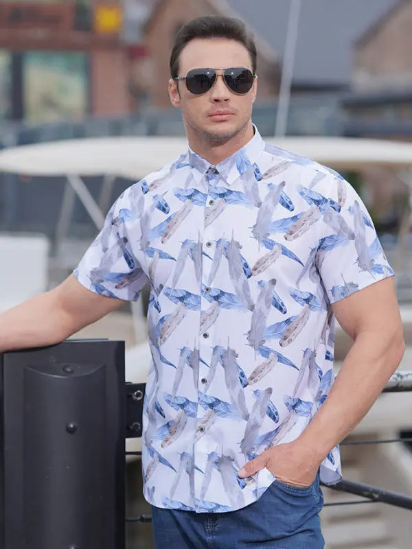 Men's stretch leaf flower short-sleeved shirt - Ladoj