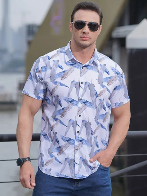 Men's stretch leaf flower short-sleeved shirt - Ladoj